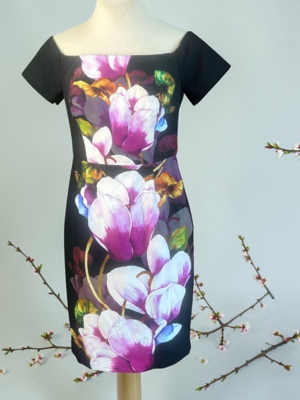 Trina Turk Bold Black Purple Floral Off Shoulder Dress Size 8